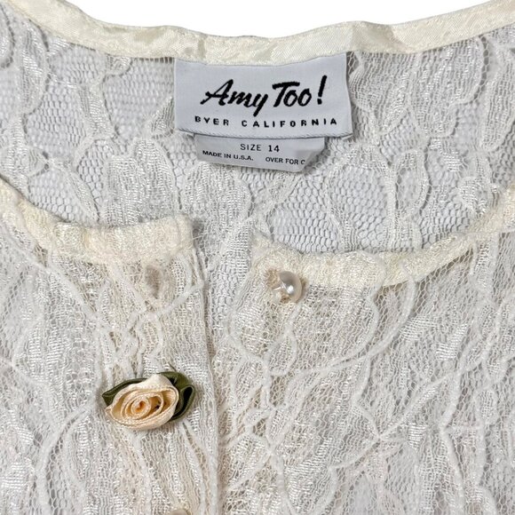 Vintage 90s Lace Midi Dress Sz.M Ivory Pleated Sheer Prairie Cottage Romantic - Picture 7 of 15